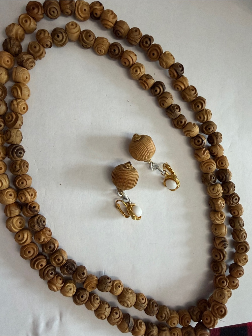 Handmade Wooden Bead Necklace and Clip-On Earrings - Natural Brown